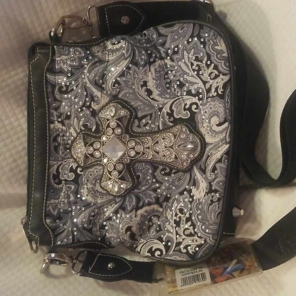 Montana West Bling Cross design Purse. NEW. Blue n Gray